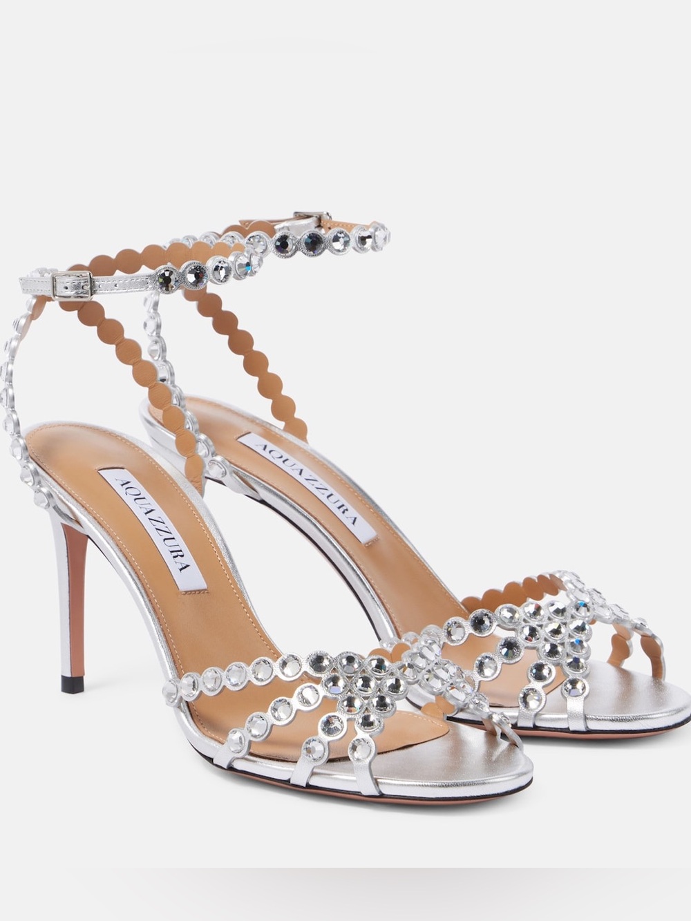 Aquazzura Tequila Crystal Silver Heels 9.5 /10 US New Swarovski Strappy Sandals